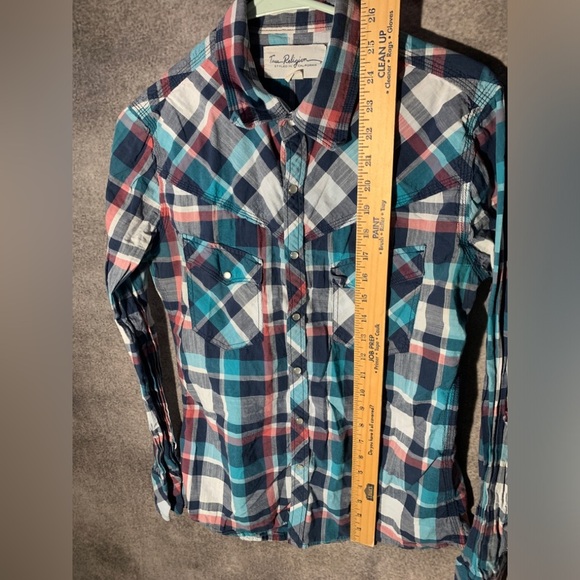 TRUE RELIGION Georgia Plaid Shirt Pearl Snap distressed elbow - Picture 5 of 11